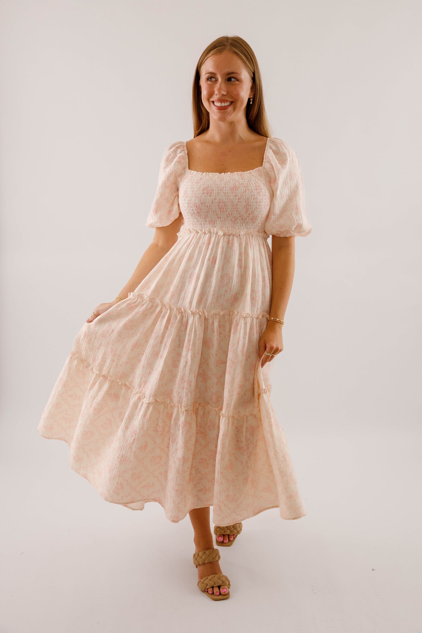 Pink and Ivory Floral Cotton Midi Dress- Women's Conservative Dresses