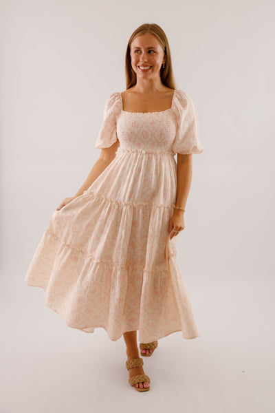 Pink and Ivory Floral Cotton Midi Dress- Women's Conservative Dresses