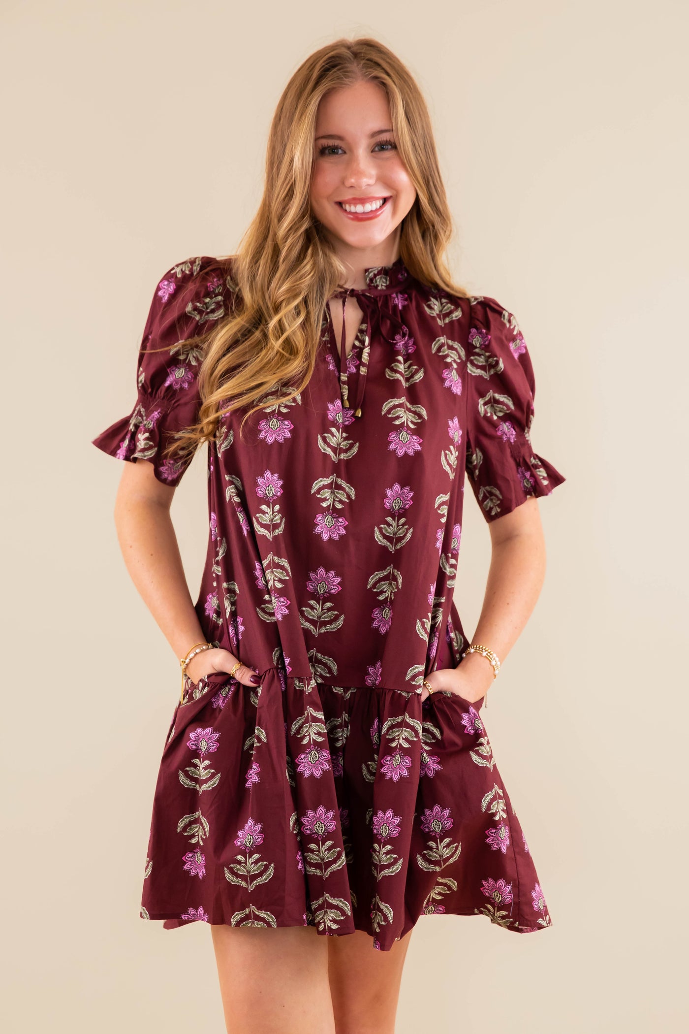 Floral Print Short Sleeve Dress- Women's Burgundy Floral Dress- Entro Floral Dress