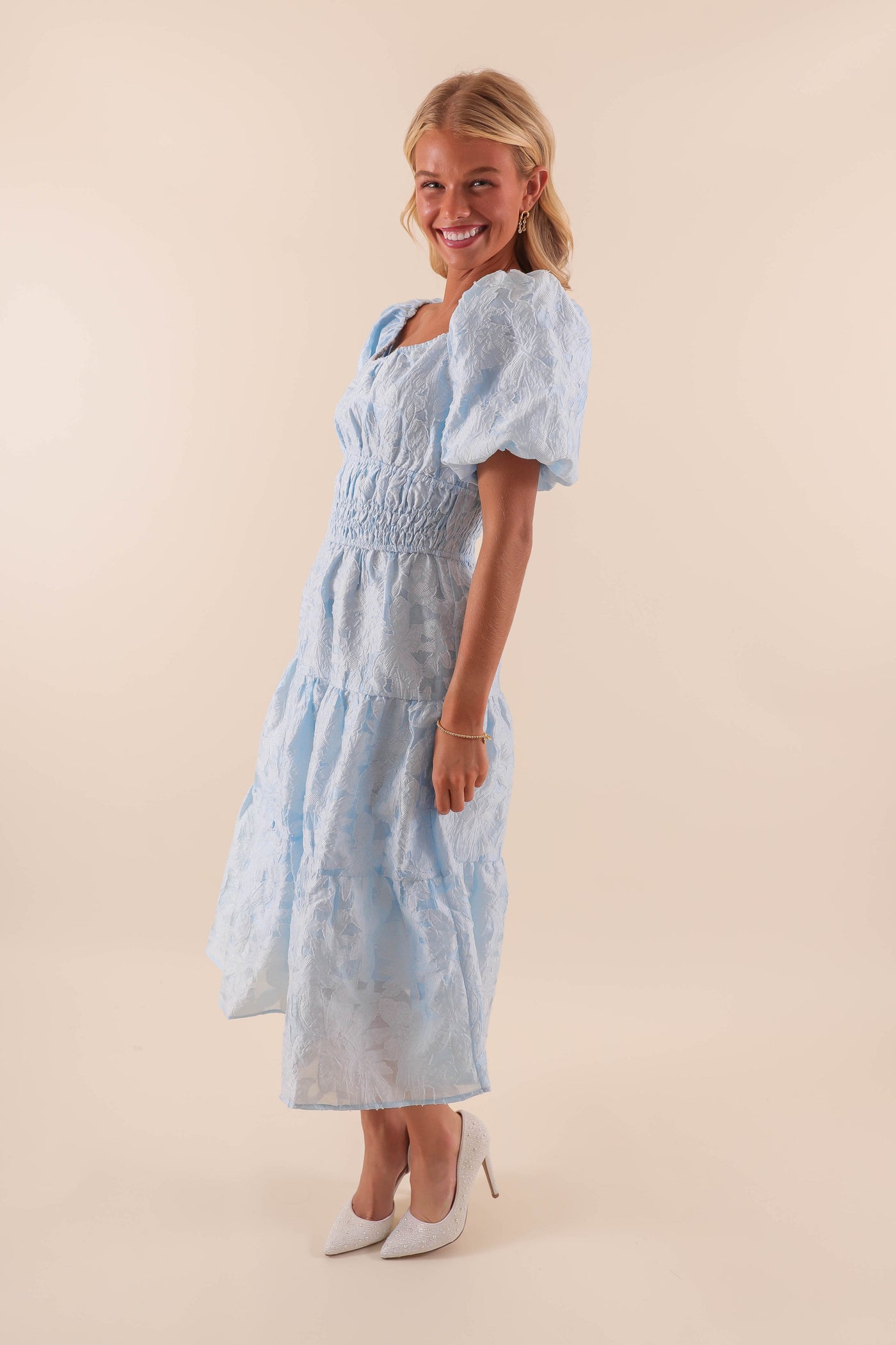 Sky Blue Midi Dress with Balloon Sleeves - Classy Blue Lace Overlay Dress