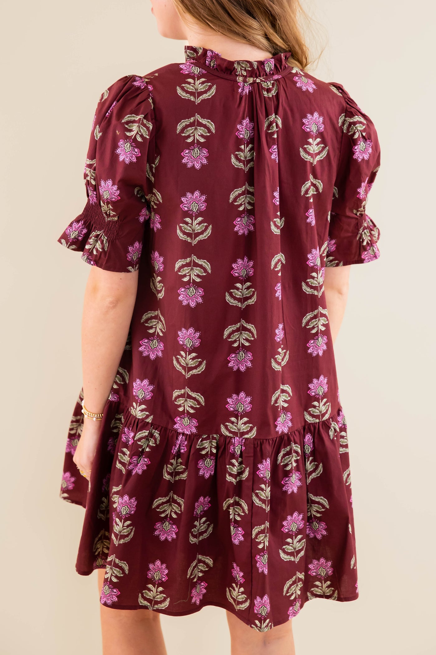 Floral Print Short Sleeve Dress- Women's Burgundy Floral Dress- Entro Floral Dress