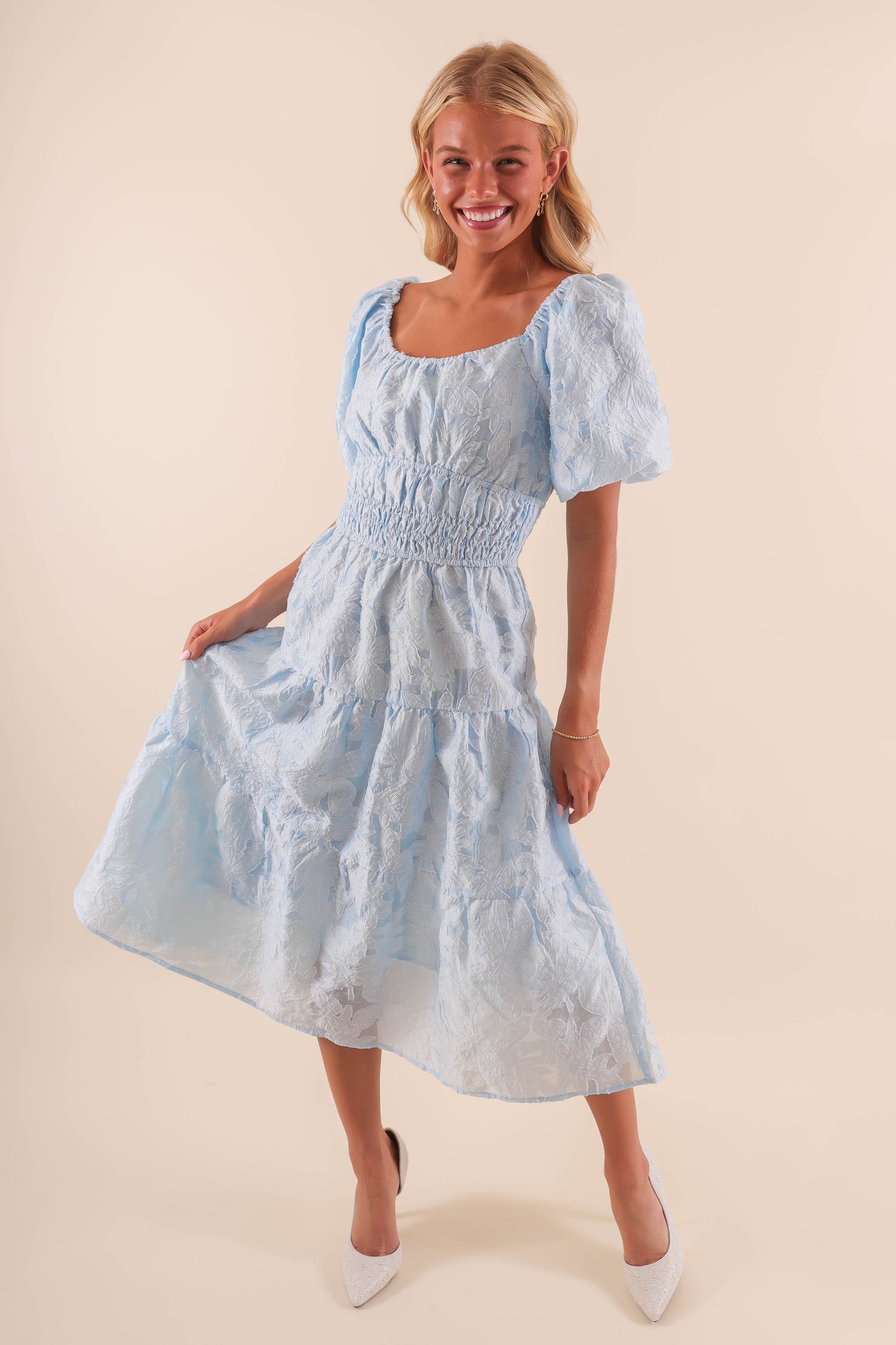 Sky Blue Midi Dress with Balloon Sleeves - Classy Blue Lace Overlay Dress