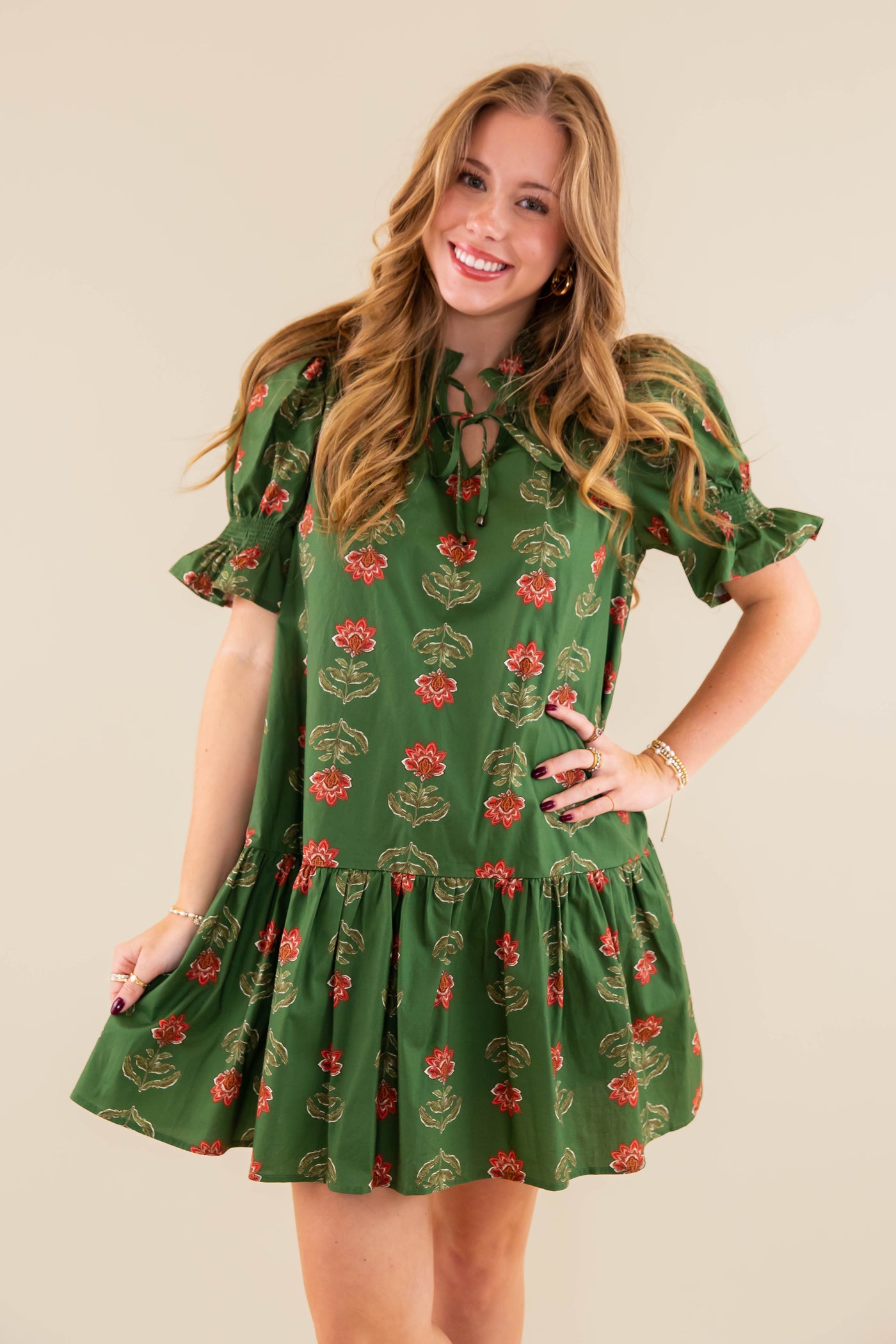 Floral Print Short Sleeve Dress- Women's Olive Floral Dress- Entro Floral Dress