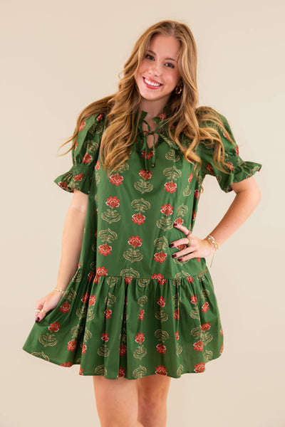 Floral Print Short Sleeve Dress- Women's Olive Floral Dress- Entro Floral Dress