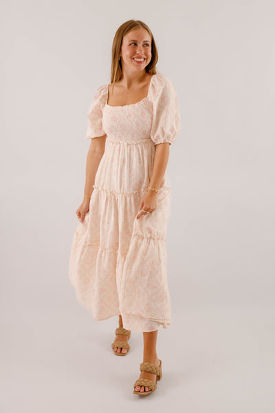 Pink and Ivory Floral Cotton Midi Dress- Women's Conservative Dresses