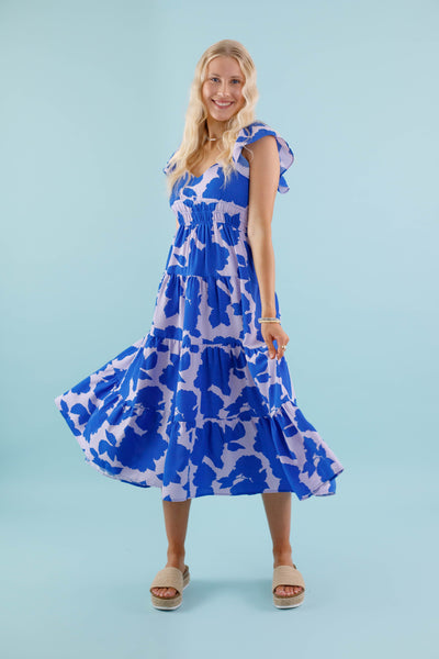 Women's Blue Water Color Dress- Women's Blue Floral Dress- TCEC Dress