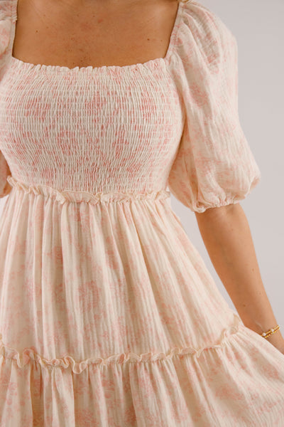 Pink and Ivory Floral Cotton Midi Dress- Women's Conservative Dresses