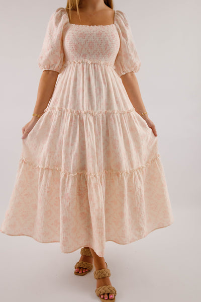 Pink and Ivory Floral Cotton Midi Dress- Women's Conservative Dresses