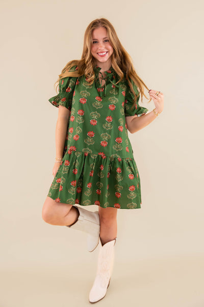 Floral Print Short Sleeve Dress- Women's Olive Floral Dress- Entro Floral Dress