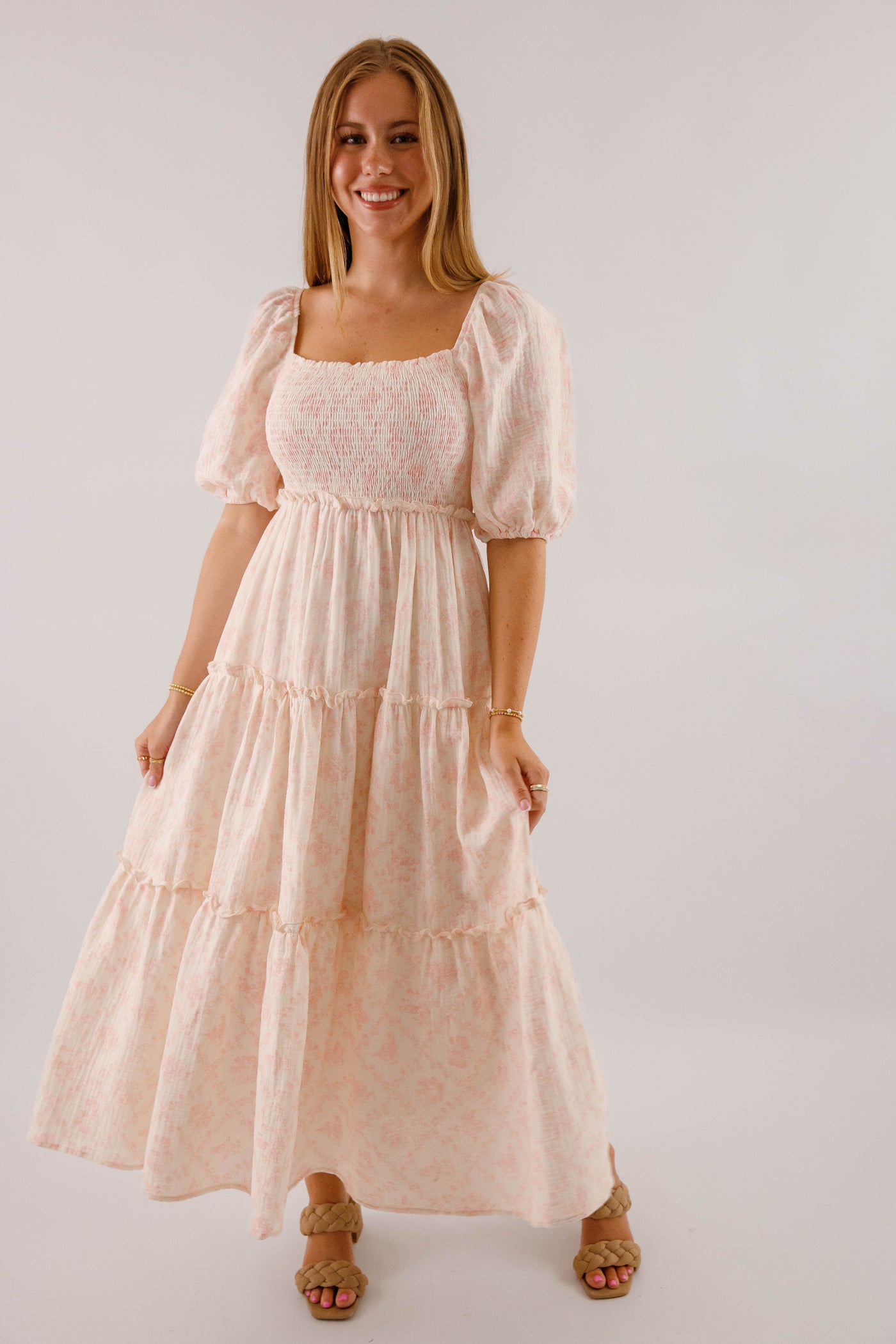 Pink and Ivory Floral Cotton Midi Dress- Women's Conservative Dresses