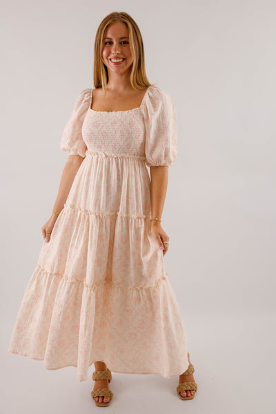 Pink and Ivory Floral Cotton Midi Dress- Women's Conservative Dresses