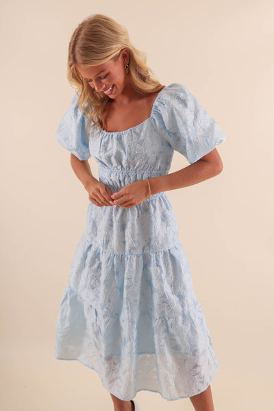 Sky Blue Midi Dress with Balloon Sleeves - Classy Blue Lace Overlay Dress