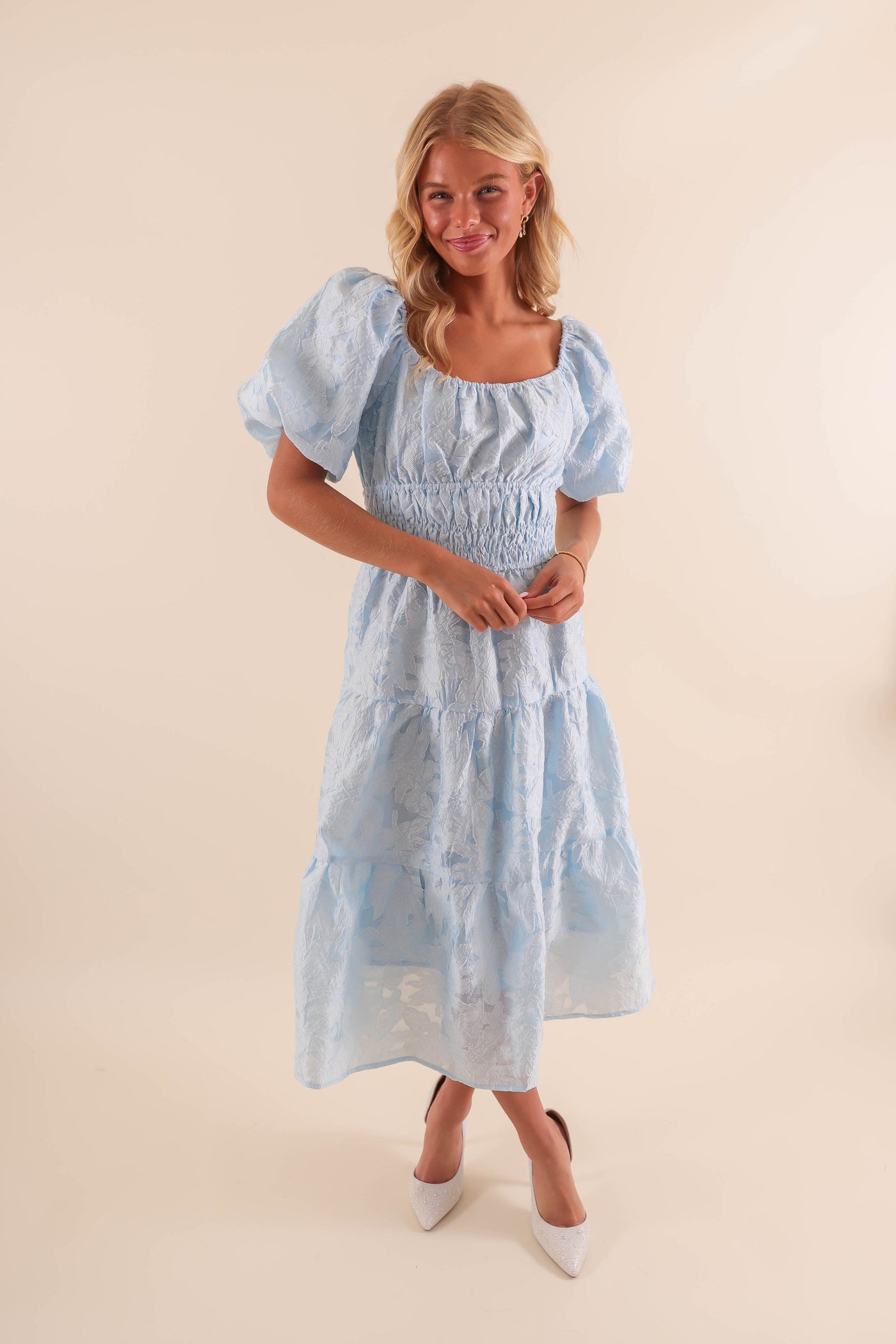 Sky Blue Midi Dress with Balloon Sleeves - Classy Blue Lace Overlay Dress