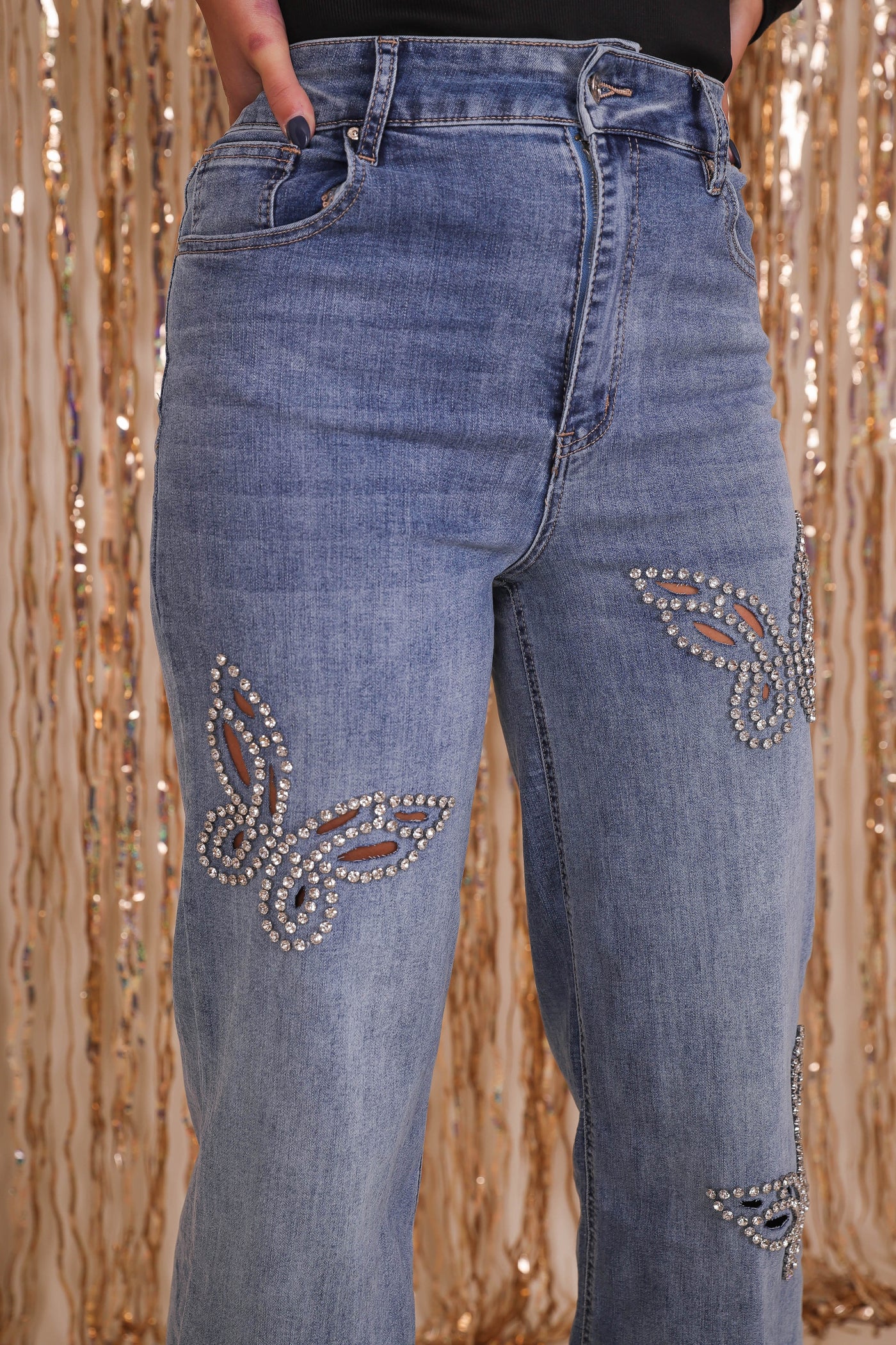 Women's Rhinestone Straight Leg Jeans- Women's Rhinestone Butterfly Denim- Taylor Butterfly Jeans