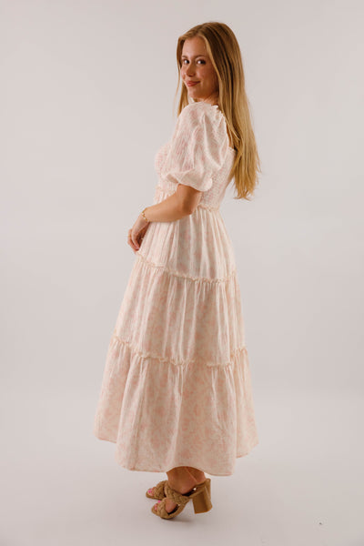 Pink and Ivory Floral Cotton Midi Dress- Women's Conservative Dresses