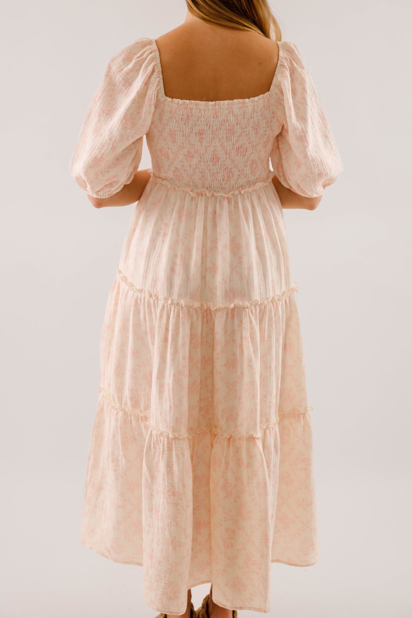 Pink and Ivory Floral Cotton Midi Dress- Women's Conservative Dresses