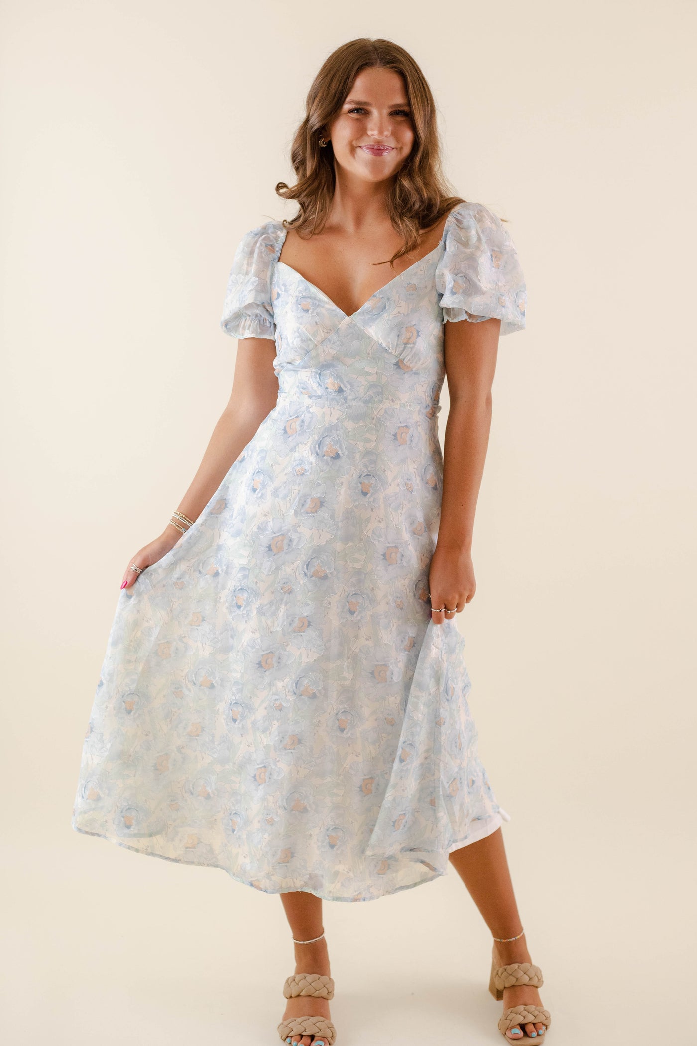 Blue Puff Sleeve Midi Dress- Pastel Flower Print Dress- Wedding Guest Dresses