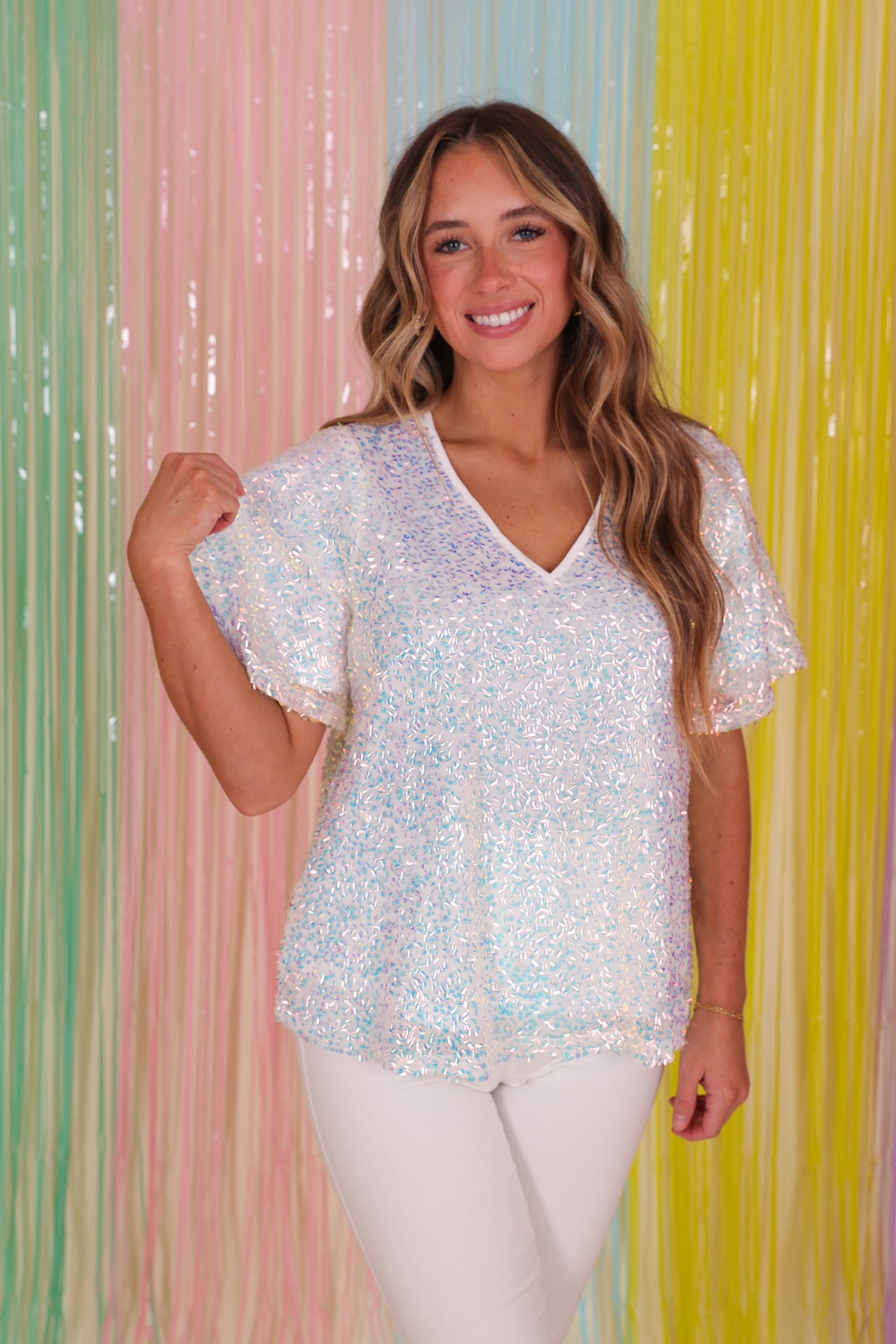 White Glitter Sequin Top- Women's Sequin Top- Jodifl Tops