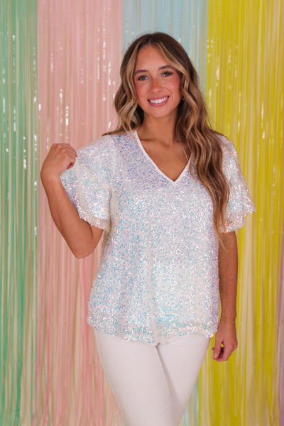 White Glitter Sequin Top- Women's Sequin Top- Jodifl Tops