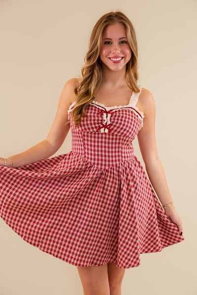 Vintage Inspired Gingham Mini Dress- Women's Checked Dress With Bow Detailing- Rosie Posie Plaid Dress