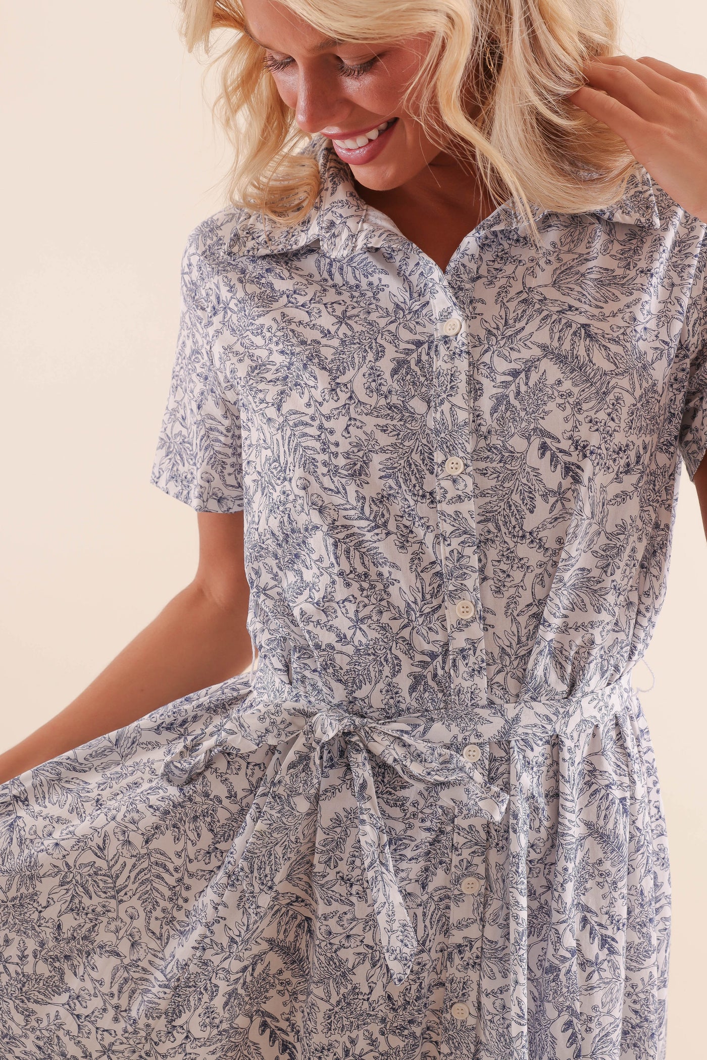 White and Blue Floral Button Down Midi Dress