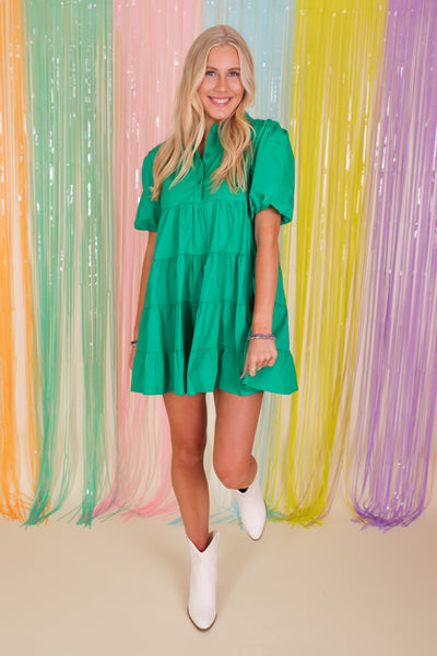 Tiered Button Down Dress- Kelly Green Mini Dress- BlueB Dresses