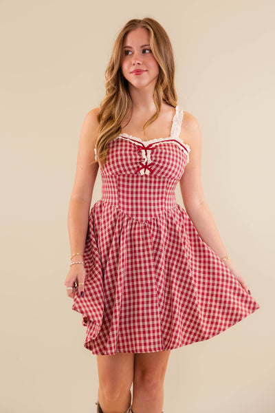 Vintage Inspired Gingham Mini Dress- Women's Checked Dress With Bow Detailing- Rosie Posie Plaid Dress