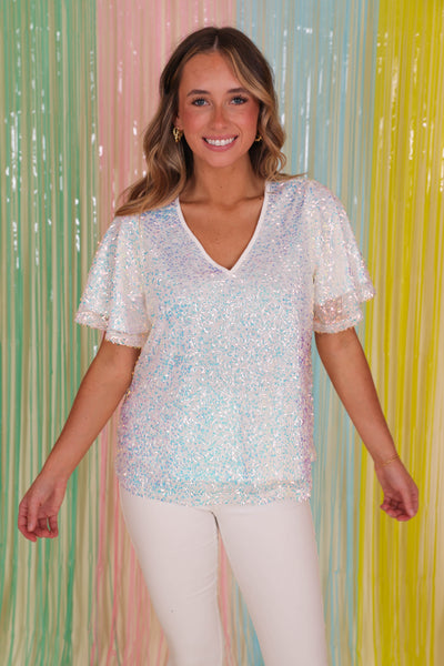 White Glitter Sequin Top- Women's Sequin Top- Jodifl Tops