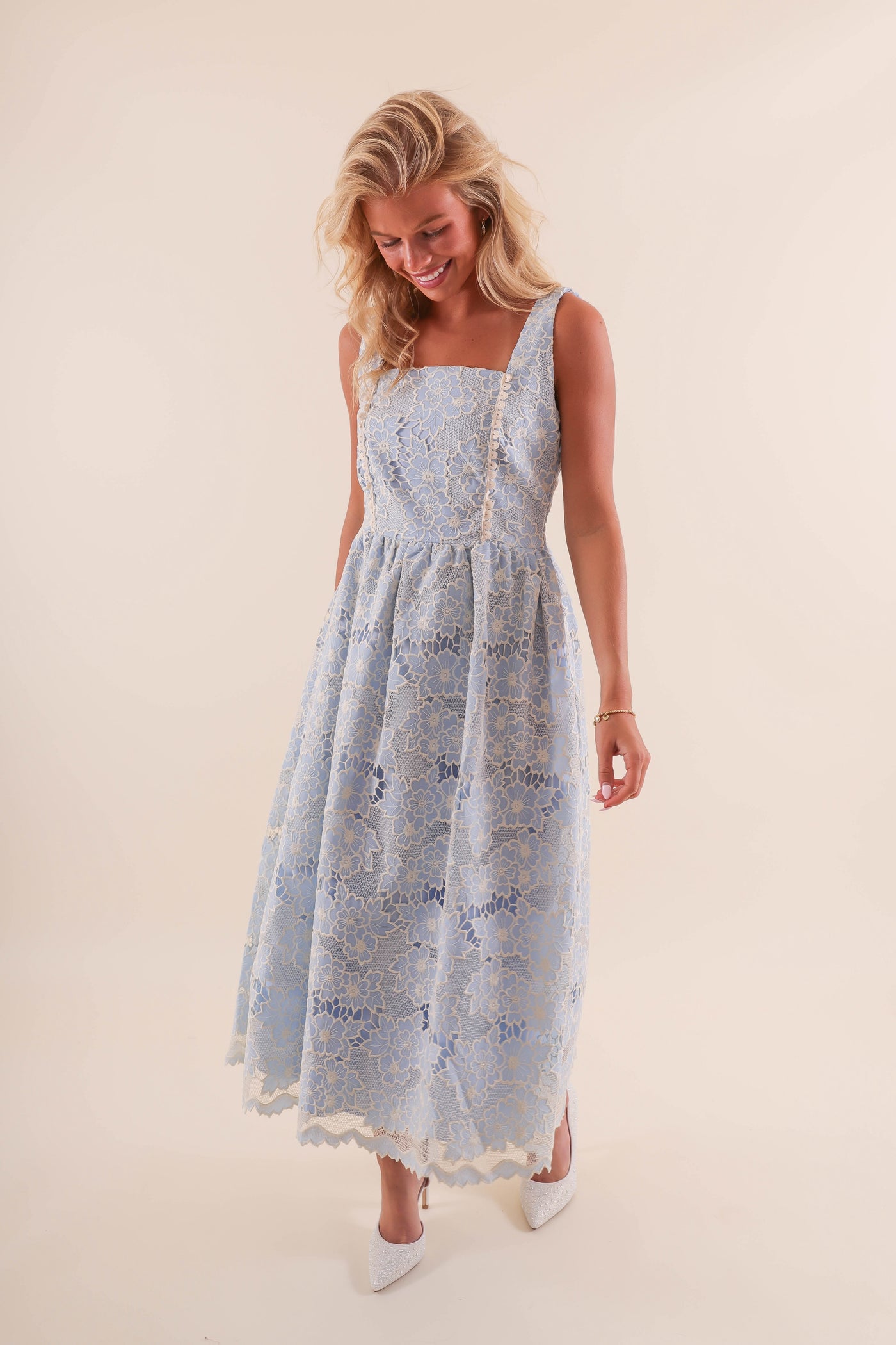 Women's Blue Lace Midi Dress- Corset Midi Dress- JustMe Blue Midi Dress