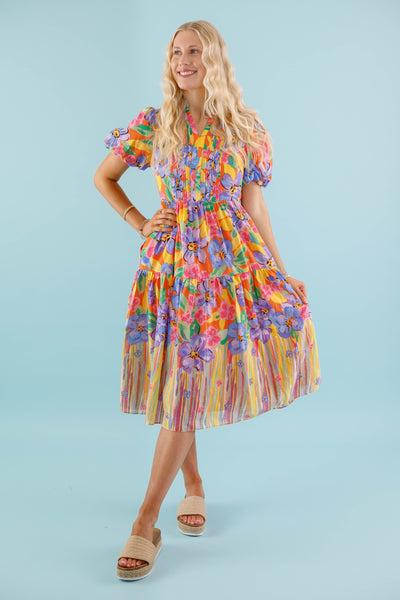 Colorful Floral Midi Dress- Women's Preppy Dress- Midi Dress by Fate