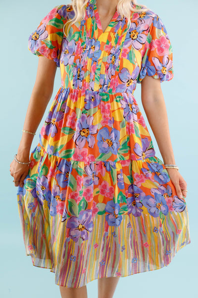 Colorful Floral Midi Dress- Women's Preppy Dress- Midi Dress by Fate