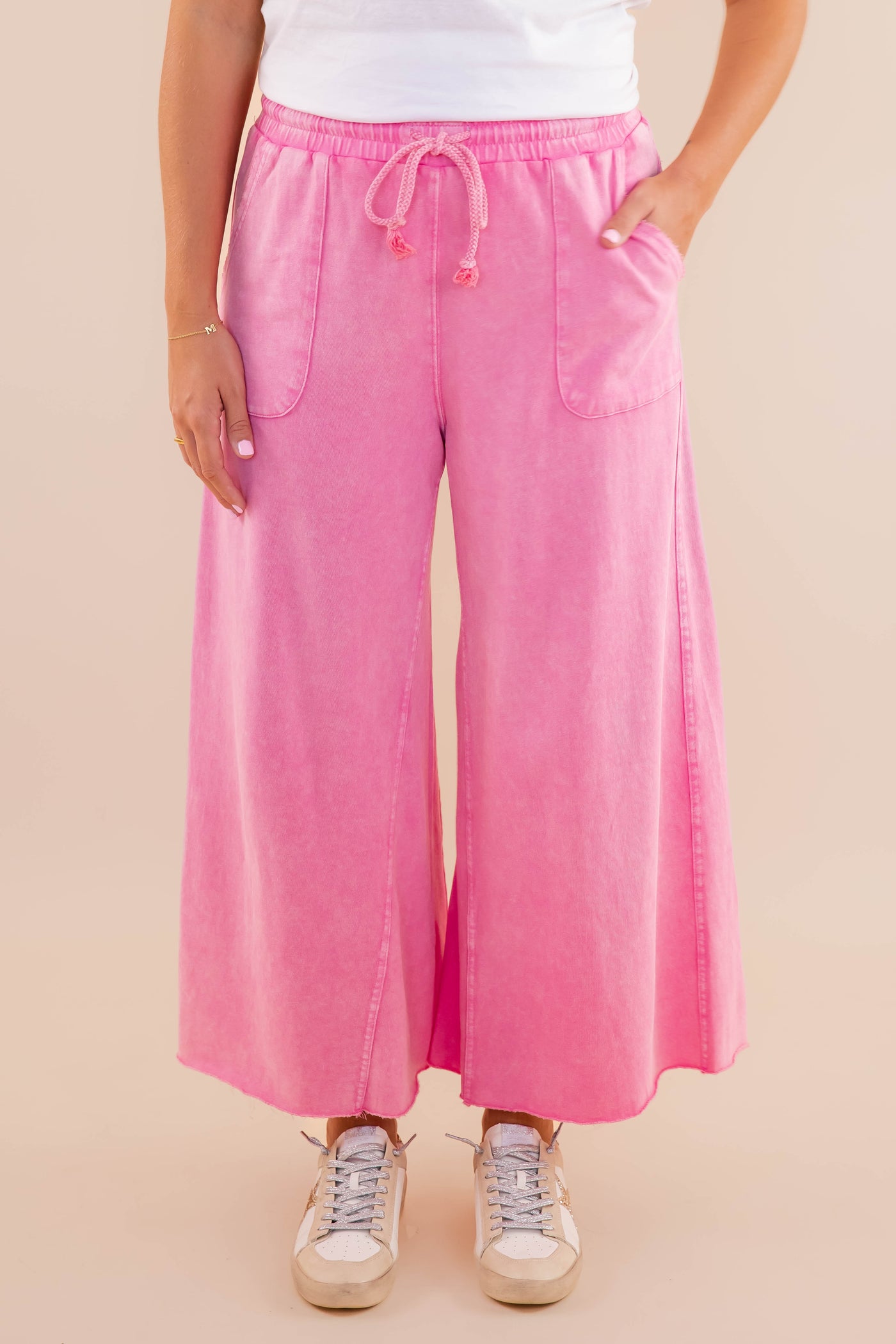 Pink Mineral Wash Travel Pants- Comfy Pink Cropped Pants- Easel Cropped Pants