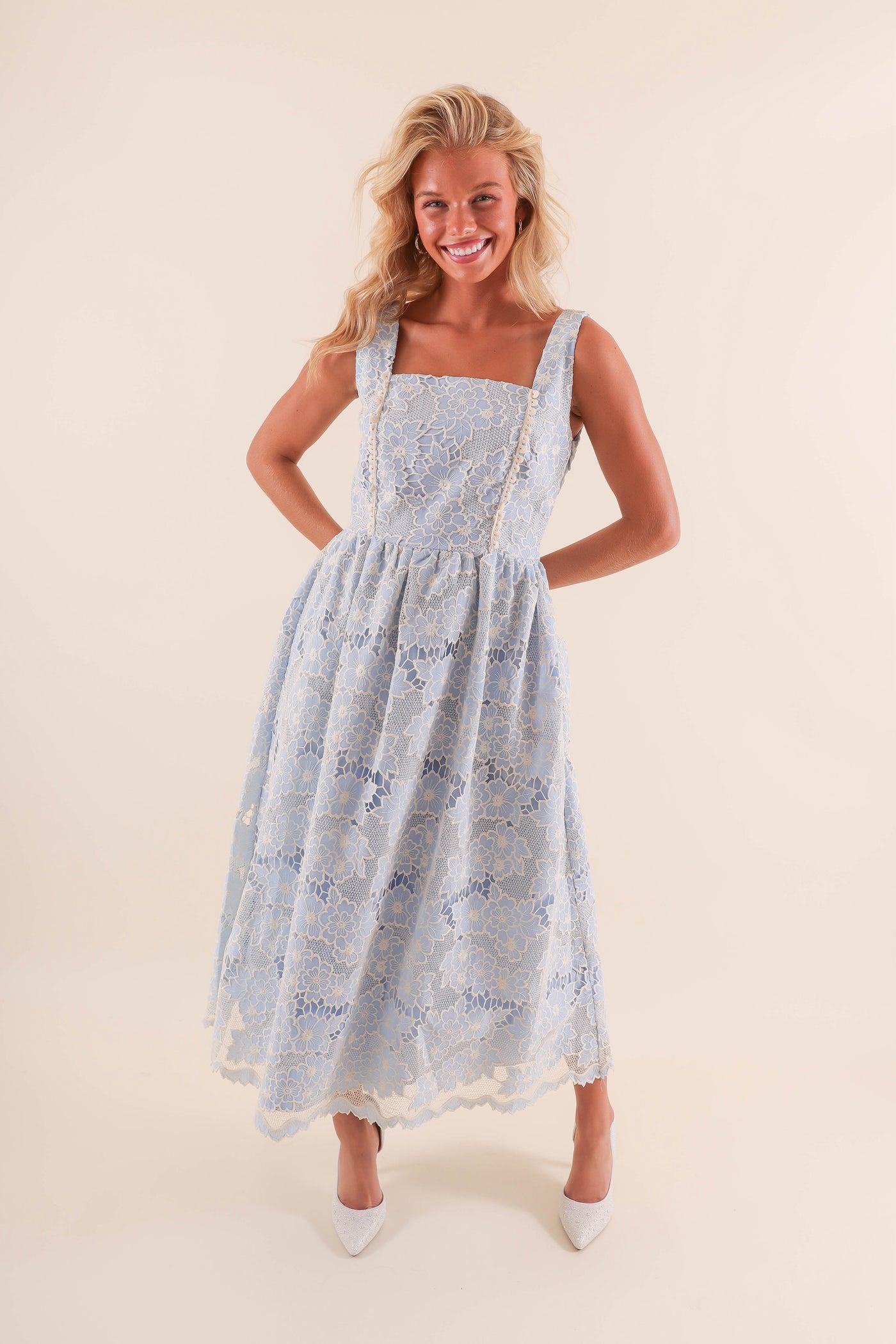 Women's Blue Lace Midi Dress- Corset Midi Dress- JustMe Blue Midi Dress