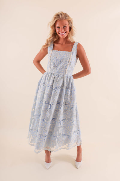 Women's Blue Lace Midi Dress- Corset Midi Dress- JustMe Blue Midi Dress