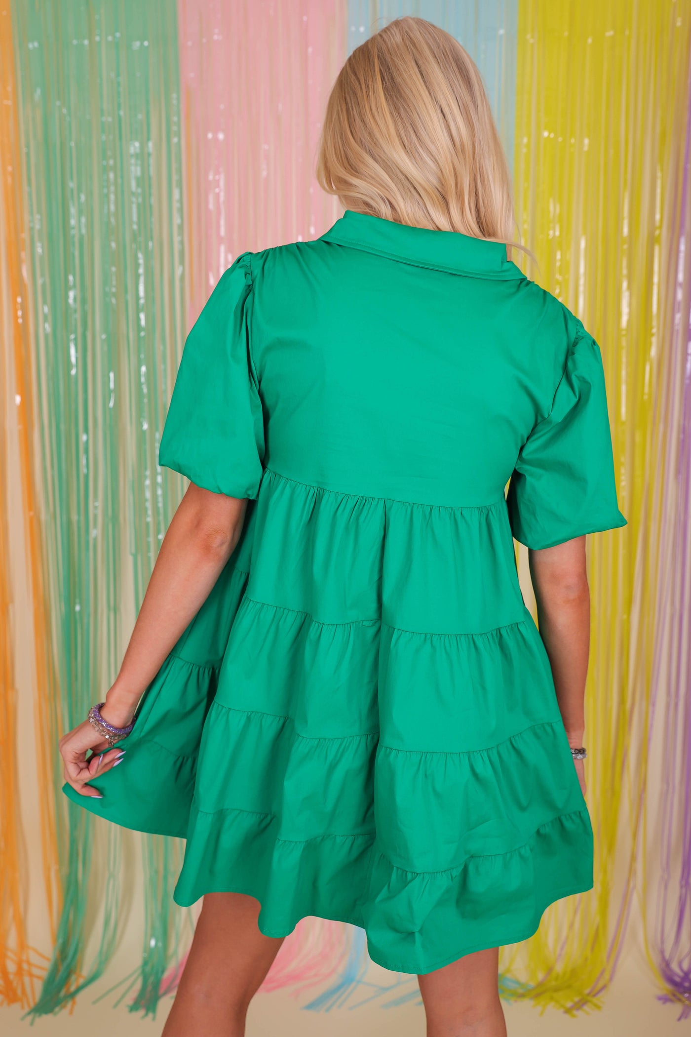 Tiered Button Down Dress- Kelly Green Mini Dress- BlueB Dresses