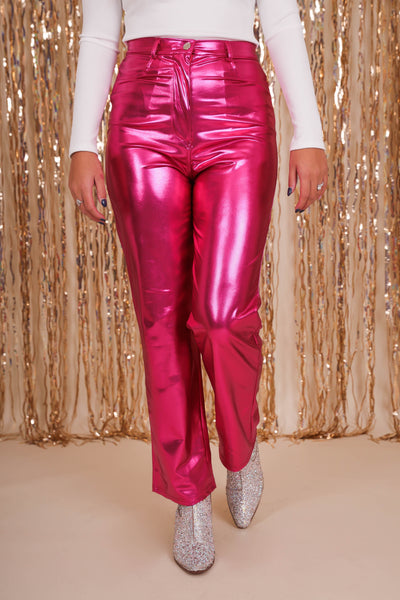 Women's Pink Metallic Pants- 2000s Style Pants