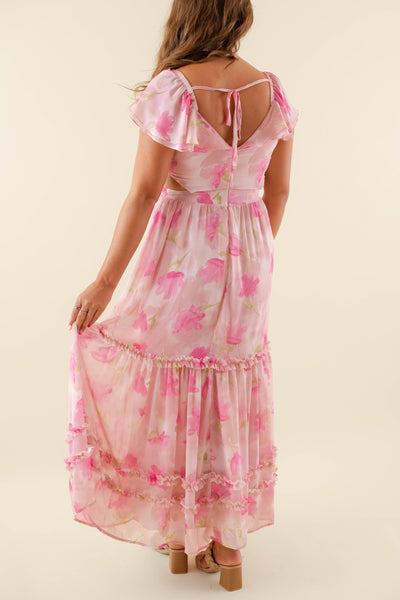 Watercolor Floral Pattern Maxi- Ruffle Pink Maxi Dress- BluPepper Pink Dress