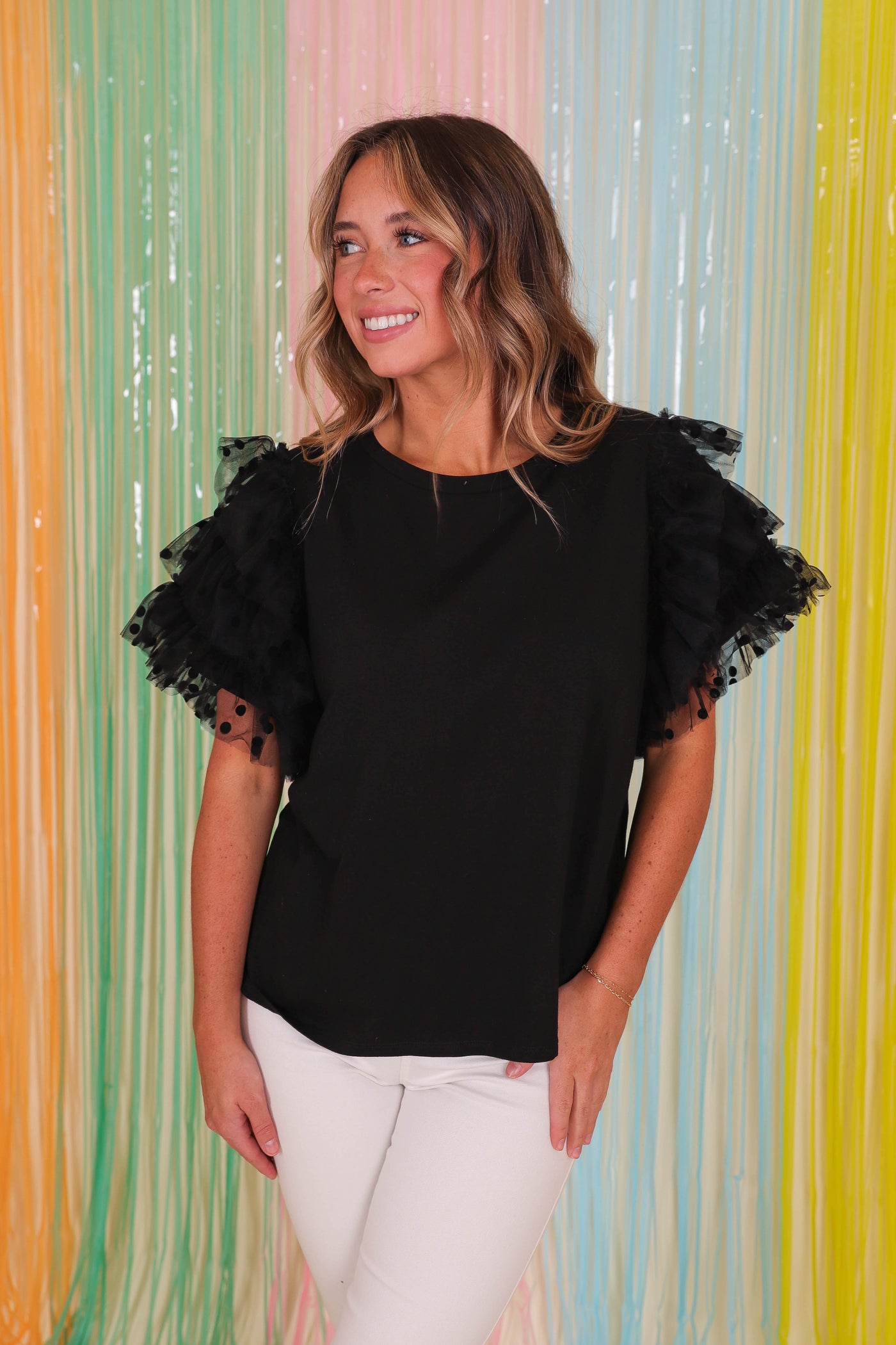 Black T-Shirt With Ruffles- Women's Ruffle Top- Entro Black Top