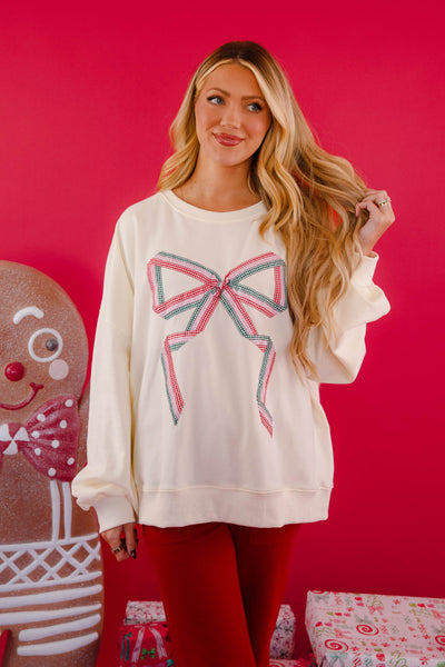 Oversized Sweatshirt With Ribbon Bow- Preppy Gingham Bow Sweatshirt- Peach Love Sweatshirt