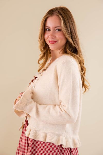 Textured Frill Detail Cardigan- Women's Ivory Ruffle Cardigan- Women's Tailored Fit Cardigan