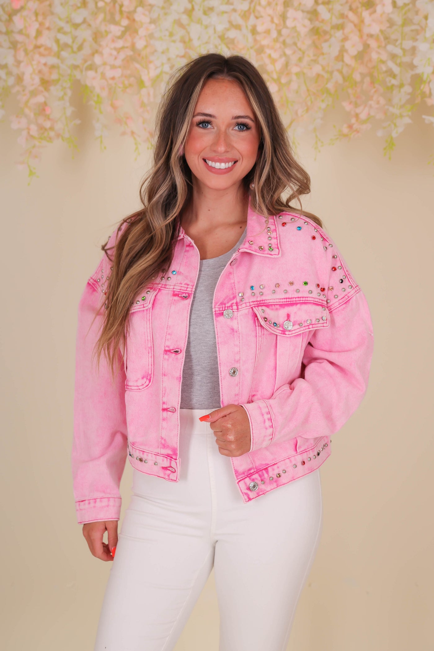 Hot Pink Acid Wash Jacket- Pink Denim Rhinestone Jacket- Timing Denim Jacket