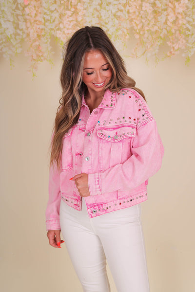 Hot Pink Acid Wash Jacket- Pink Denim Rhinestone Jacket- Timing Denim Jacket