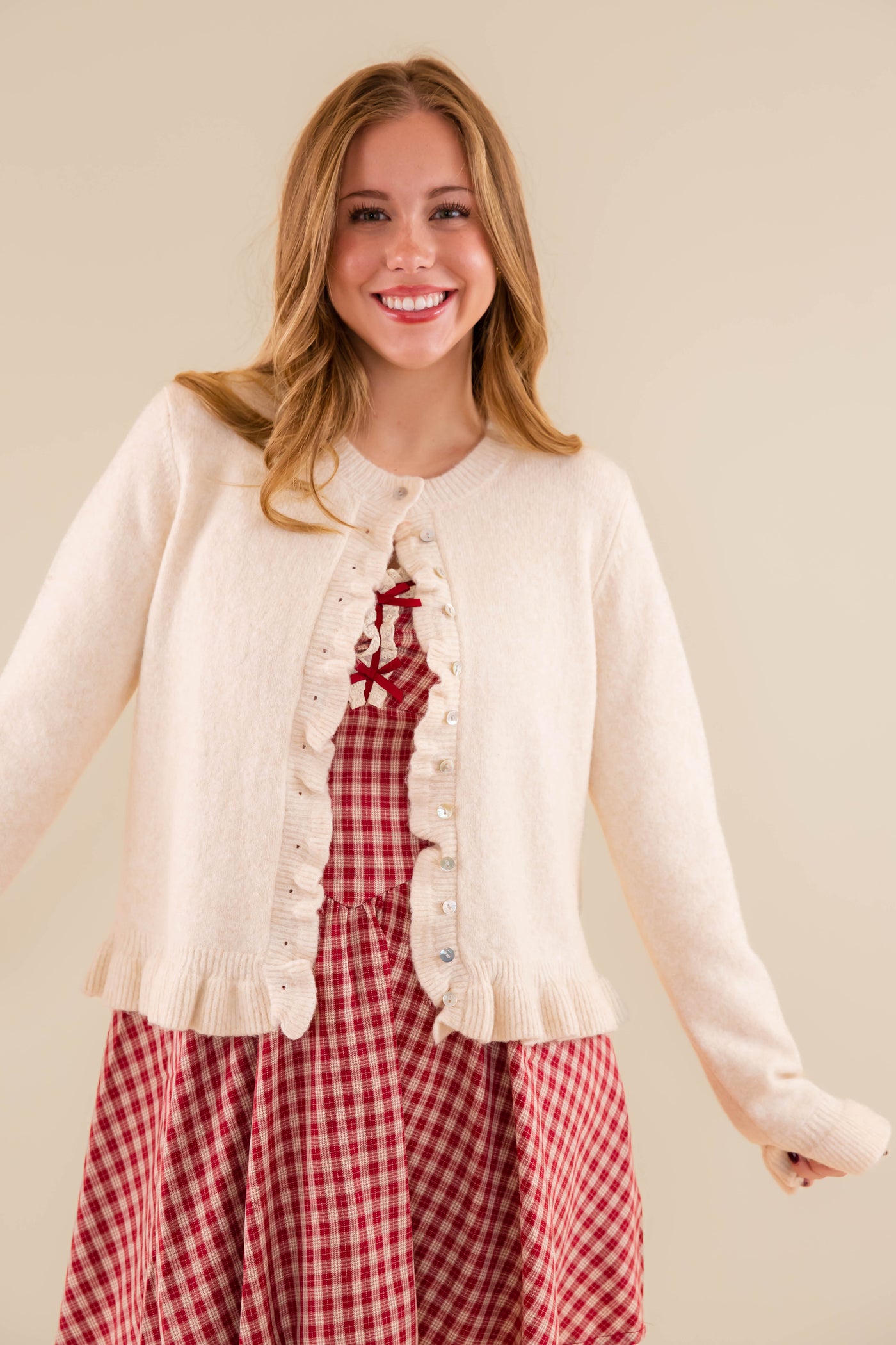 Textured Frill Detail Cardigan- Women's Ivory Ruffle Cardigan- Women's Tailored Fit Cardigan