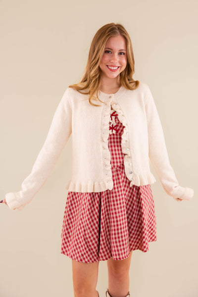 Textured Frill Detail Cardigan- Women's Ivory Ruffle Cardigan- Women's Tailored Fit Cardigan