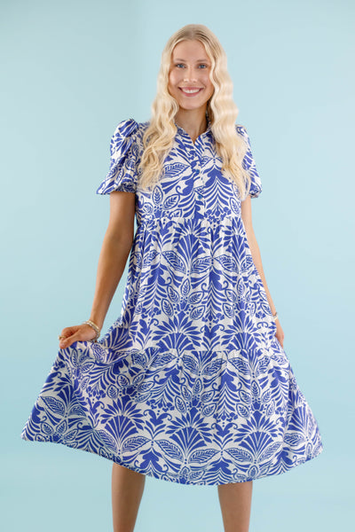 Women's Collared Midi Dress- Blue and White Print Midi