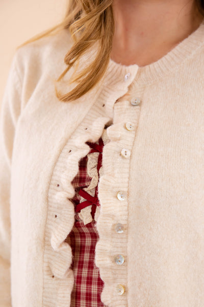 Textured Frill Detail Cardigan- Women's Ivory Ruffle Cardigan- Women's Tailored Fit Cardigan