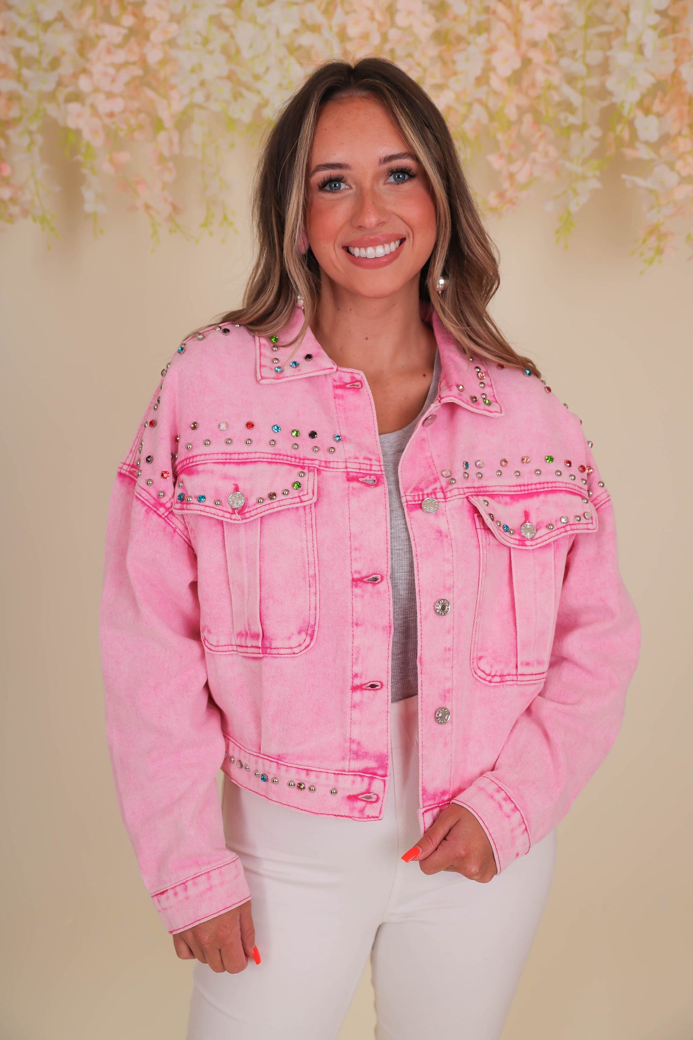 Hot Pink Acid Wash Jacket- Pink Denim Rhinestone Jacket- Timing Denim Jacket