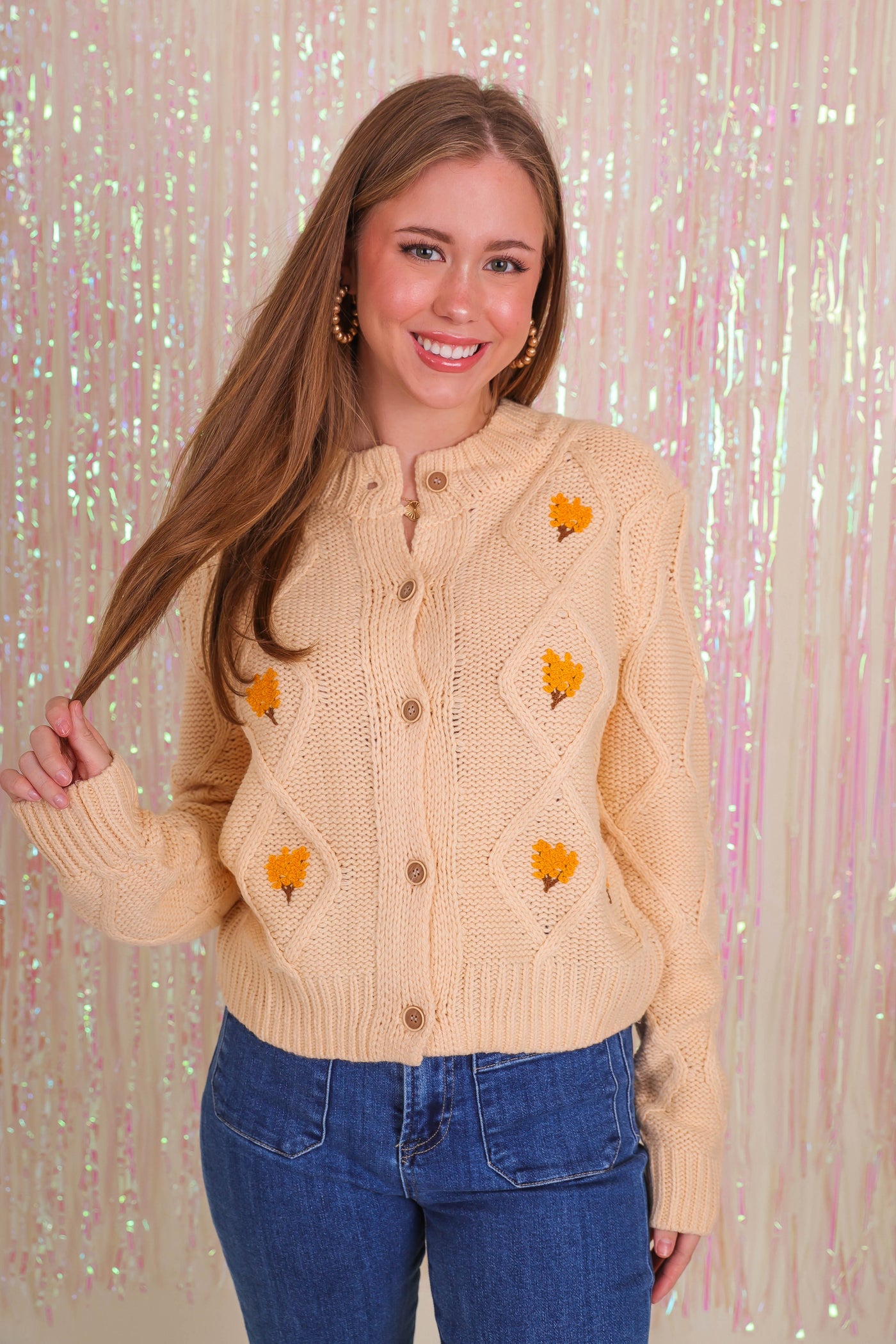 Women's Preppy Cardigan- Embroidered Flower Cardigan- See & Be Seen Cardigan