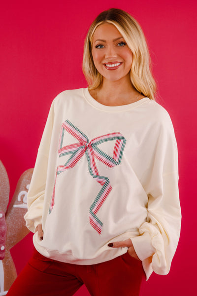 Oversized Sweatshirt With Ribbon Bow- Preppy Gingham Bow Sweatshirt- Peach Love Sweatshirt