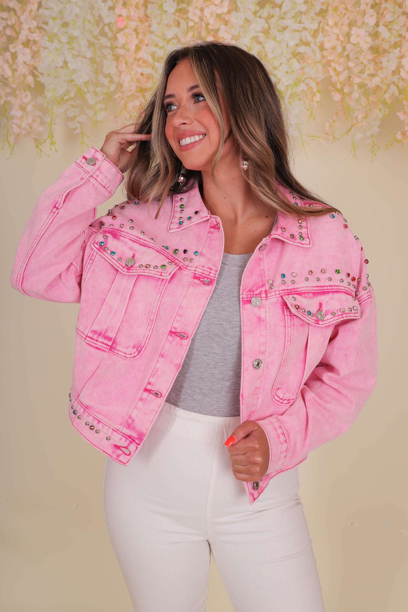 Hot Pink Acid Wash Jacket- Pink Denim Rhinestone Jacket- Timing Denim Jacket